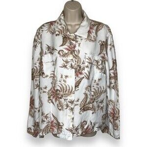 Evan Picone Linen Blend Paisley Floral Long Sleeve Button Front Shirt Womens 18